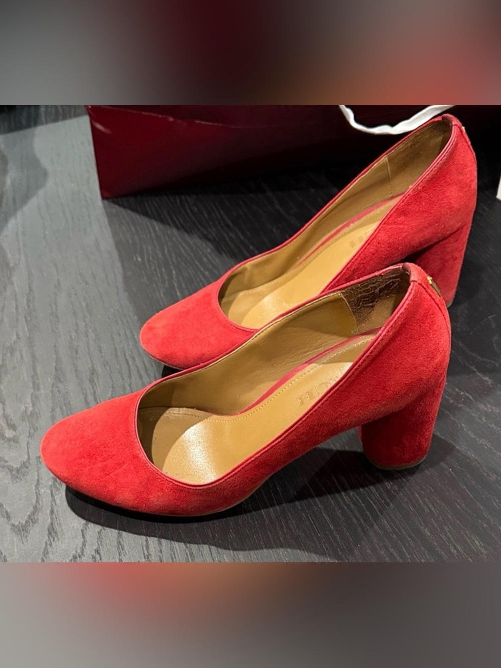 Coach Red Suede Round Block Heel Pumps